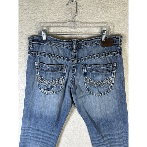 Buckle BKE Carter Jeans Mens 36R 36x31 Blue Straight Distressed Thick Stitch - Picture 14 of 16